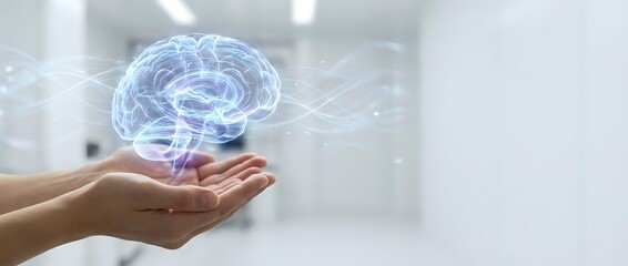 Obraz na płótnie Canvas Human hands holding glowing blue digital brain hologram with neural network connections in modern medical office environment for healthcare technology concepts.