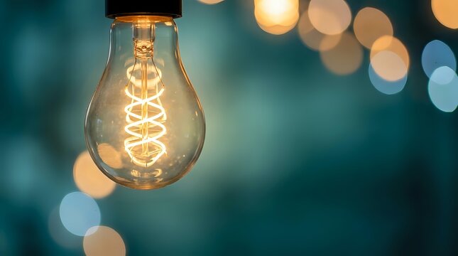 Vintage Edison bulb glowing with warm filament against blurred bokeh lights background creating cozy atmospheric lighting for creative projects.