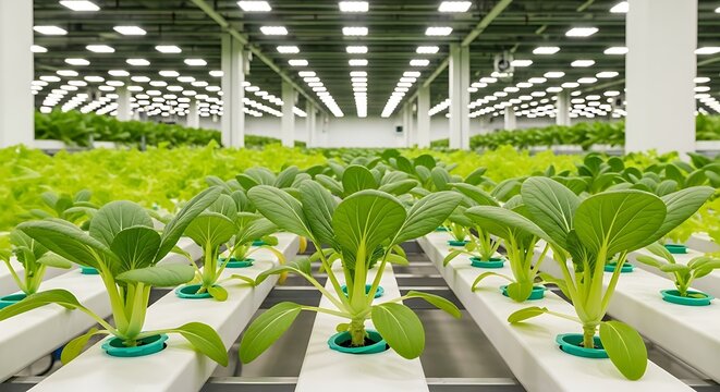 Indoor vertical farm with rows of leafy green vegetables growing hydroponically