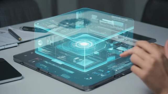 Interface elements appear on transparent display as user interacts with touch gestures on the glass surface