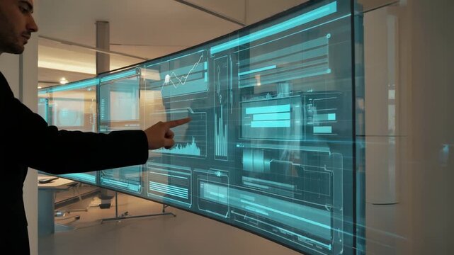 Interface elements appear on transparent display as user interacts with touch gestures on the glass surface