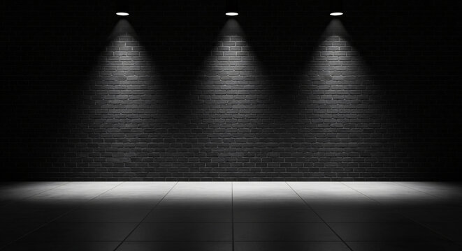 An empty dark room with a brick wall illuminated by three glowing spotlights from above, creating a dramatic stage background