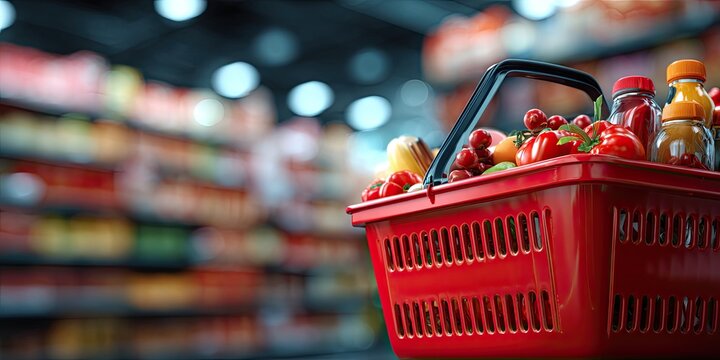 A red plastic shopping basket filled with food sits in a blurry grocery store