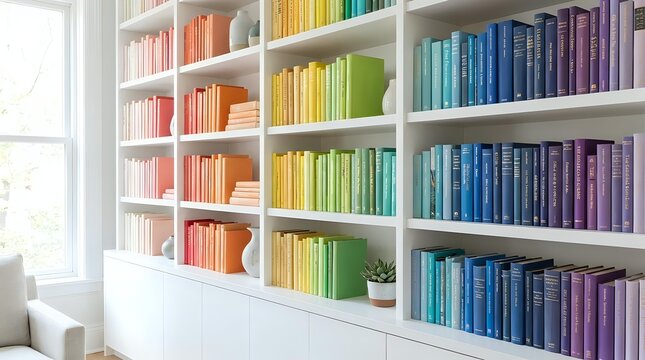 Colorful rainbow book collection organized by color on white built-in shelves creating vibrant home library display for interior design and organization.