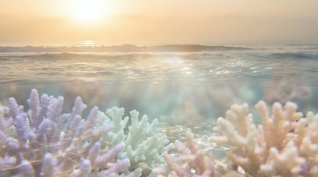 Colorful coral reef with sunlight rays penetrating ocean water creating magical underwater seascape for marine biology and environmental themes.