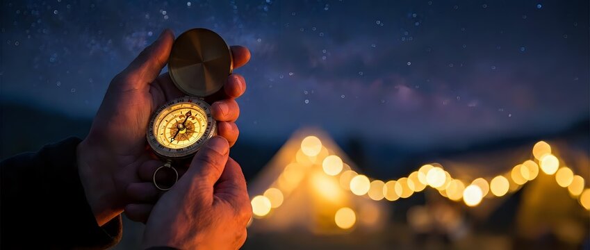 Hand holding vintage compass under starry night sky with blurred city lights creating bokeh effect. Navigation and adventure concept for travel designs.