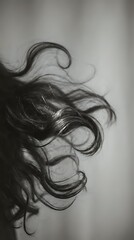 Fototapeta premium Flowing dark hair strands in motion captured in artistic black and white photography with soft focus and elegant movement for beauty and fashion concepts.