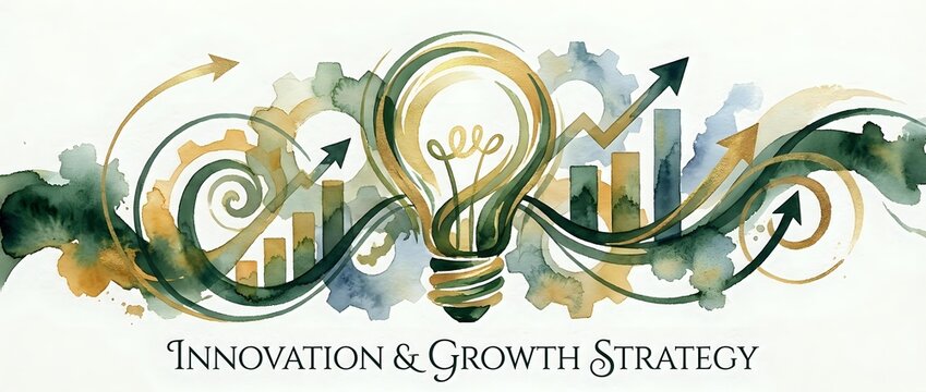 Business innovation concept with lightbulb, growth charts and flowing design elements for corporate strategy presentations and marketing materials.