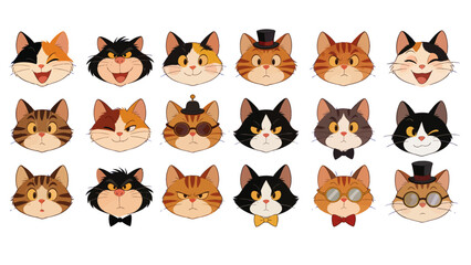 Fototapeta premium Cute Cartoon Cat Faces Collection Set Funny Kitty Emotions Character Expressions Illustration