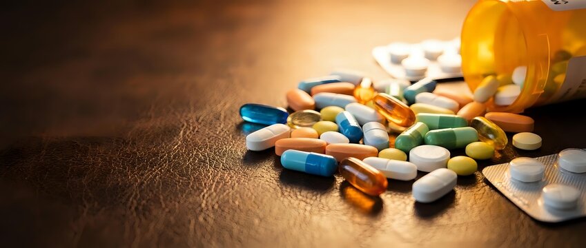 Colorful prescription pills and capsules spilled from orange bottle on wooden surface for healthcare and pharmaceutical concepts.