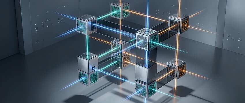 Futuristic holographic cube structure with glowing neon edges and transparent geometric forms floating in digital space for technology concepts.