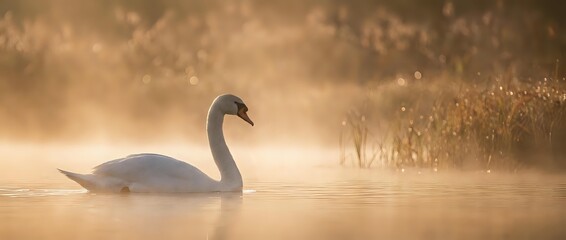 Fototapeta premium Elegant white swan gliding peacefully on misty golden lake water during magical sunrise with warm atmospheric lighting and dreamy bokeh background.