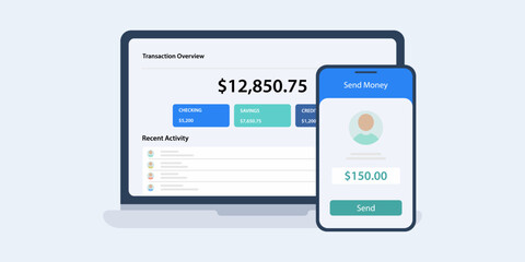 Flat vector SaaS illustration of a peer-to-peer instant money transfer ecosystem. A smartphone displays the send money interface alongside a laptop showing a transaction overview dashboard.