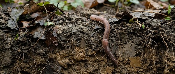 Obraz premium Earthworm emerging from rich organic soil among fallen autumn leaves in natural forest floor ecosystem for gardening and composting concepts.