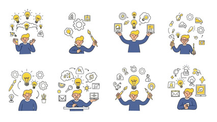 Fototapeta premium Creative Person Brainstorming Ideas and Concepts with Lightbulbs and Symbols.