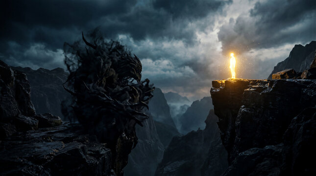 A glowing human silhouette causes a massive shadow monster to cower in fear, a powerful metaphor for conquering trauma and mental strength.