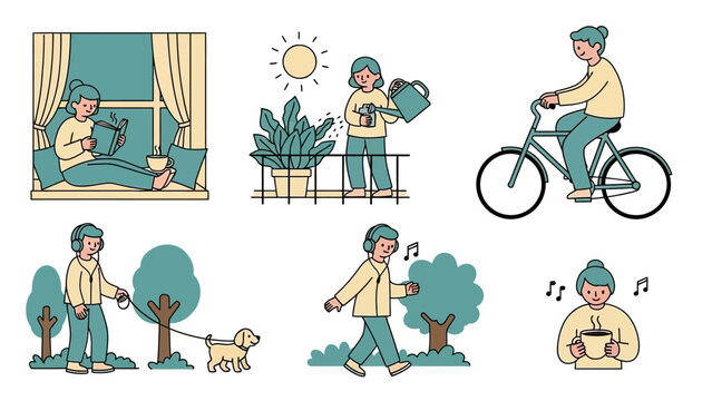 People enjoying various relaxing and healthy lifestyle activities outdoors and indoors.