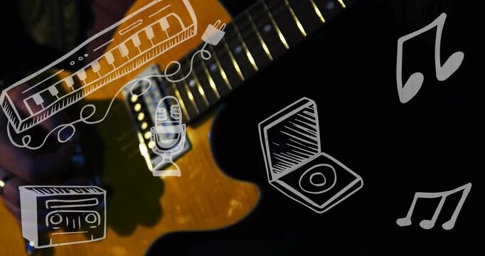 Right hand entering picking guitar strings, fretting hand shifting neck for demo, doodles fixed