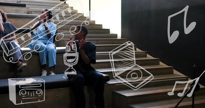 Host handing trophy at mic winner rising steps for music award while white doodles overlaying group