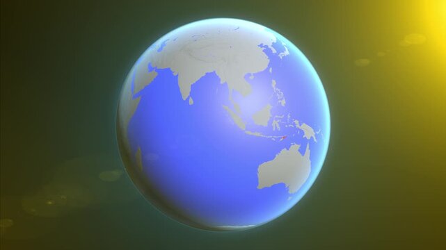 The animation shows a graphic representation of the earth and highlights the location and map of East Timor colored red.