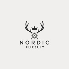 Obraz premium Minimalist Nordic Pursuit logo featuring deer antlers, a crown, and a compass rose design on a light background.