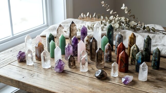 Collection of healing crystal towers and points in various colors including amethyst, quartz, and gemstones arranged on wooden surface for meditation and energy work.
