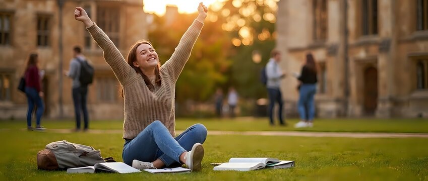 Young female college student celebrating success with raised arms while sitting on campus lawn with books and backpack during golden hour.