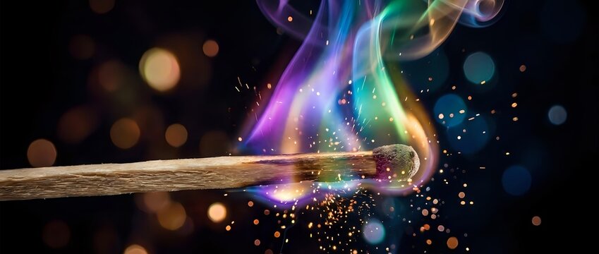 Magical wooden wand releasing colorful rainbow energy streams with sparkling particles and bokeh lights on dark background for fantasy designs.