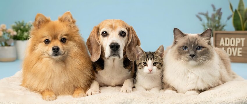 Adorable group of pets sitting together on soft blanket - fluffy Pomeranian, beagle dog, tabby kitten and ragdoll cat for adoption campaign materials.