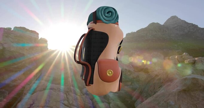 On load backpack rotating mountains, sun flaring and revealing teal mat showcasing outdoor gear