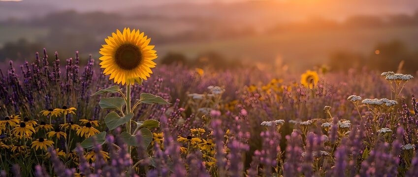 Sunflower blooming in lavender field at golden hour sunset with warm light creating dreamy agricultural landscape for nature and farming concepts.