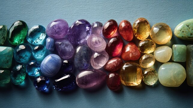 A row of colorful gemstones, ranging from green to yellow to purple, on light blue