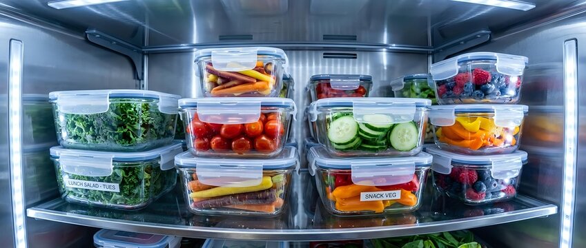Organized refrigerator interior with glass meal prep containers storing fresh vegetables, fruits and prepared foods on shelves for healthy eating.