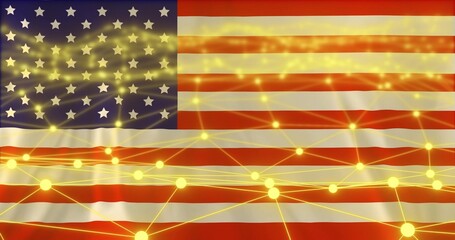 Displaying US flag as digital art layered with glowing gold nodes, thin lines and light flares