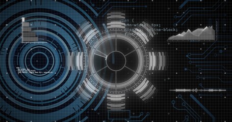 Displaying central HUD reticle rotating on control panel grid, with rings, charts, waveform, code