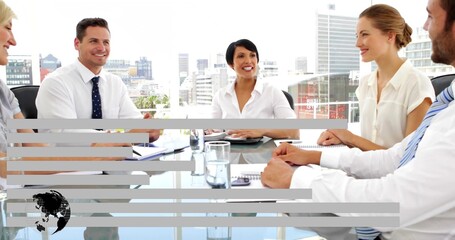Discussing five colleagues in suits meeting at office with glass table frosted stripes, globe decal