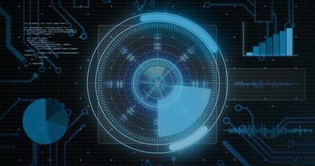 Scanning central holographic interface on dark grid HUD, displaying pie chart, rotating sweep
