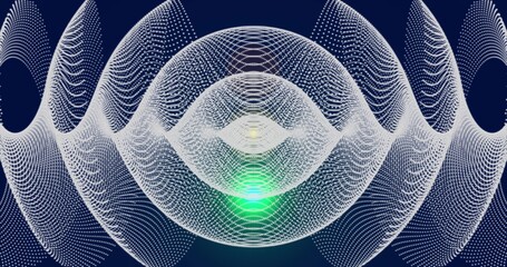 Displaying ringed mesh pulsating in deep navy with white point cloud, green core, dotted arcs © vectorfusionart