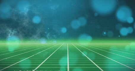 Fototapeta premium Vertical video: Horizon glowing, neon grid floor receding to vanishing point, evoking synthwave