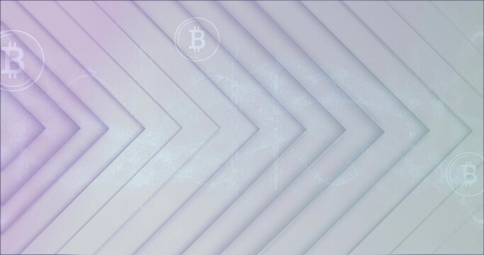 Forming layered V chevrons in digital background, featuring BTC icons, circuit lines, grain noise