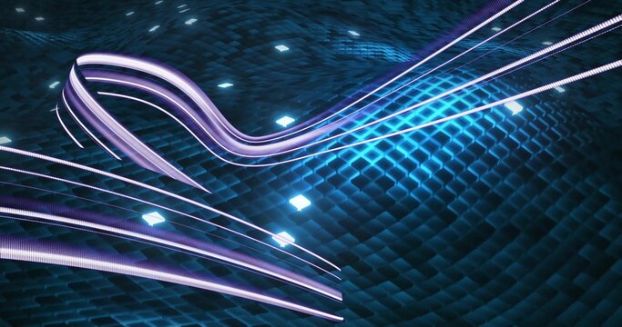 Flowing neon ribbons moving across virtual tiled teal surface showing diamond nodes and streaks
