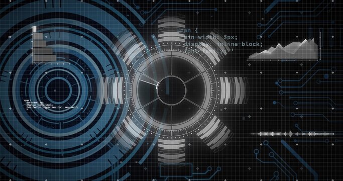 Displaying central HUD reticle rotating on control panel grid, with rings, charts, waveform, code