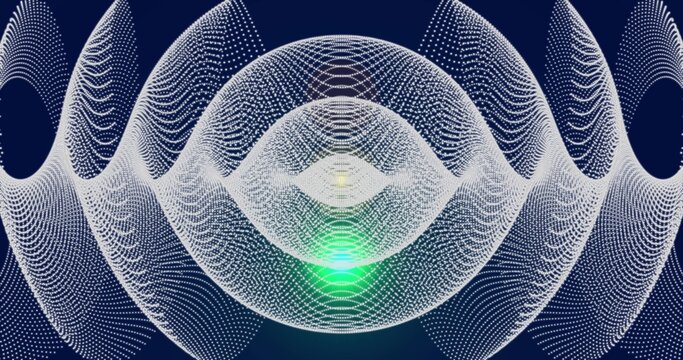 Displaying ringed mesh pulsating in deep navy with white point cloud, green core, dotted arcs