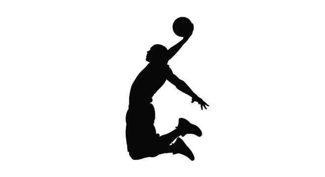 Silhouette of a professional basketball player soaring through the air preparing for a powerful slam dunk