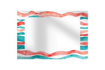 Fototapeta premium White paper sheet with red and turquoise watercolor waves border framing copy space, transparent background