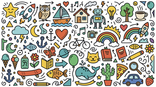 Colorful Hand Drawn Doodle Art Collection with Various Objects and Symbols.