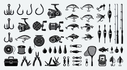 Comprehensive Collection of Fishing Gear and Tackle Silhouettes. © Dika