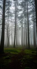 Obraz premium Misty forest path with tall pine trees shrouded in fog, creating an atmospheric and serene woodland scene
