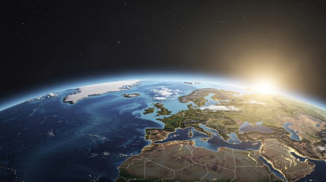 A view of Earth from space showing Europe and parts of Africa with the sun rising on the horizon and stars visible in the dark sky.