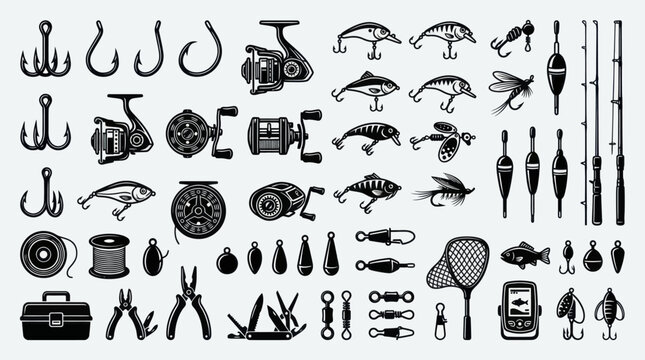 Comprehensive Collection of Fishing Gear and Tackle Silhouettes.